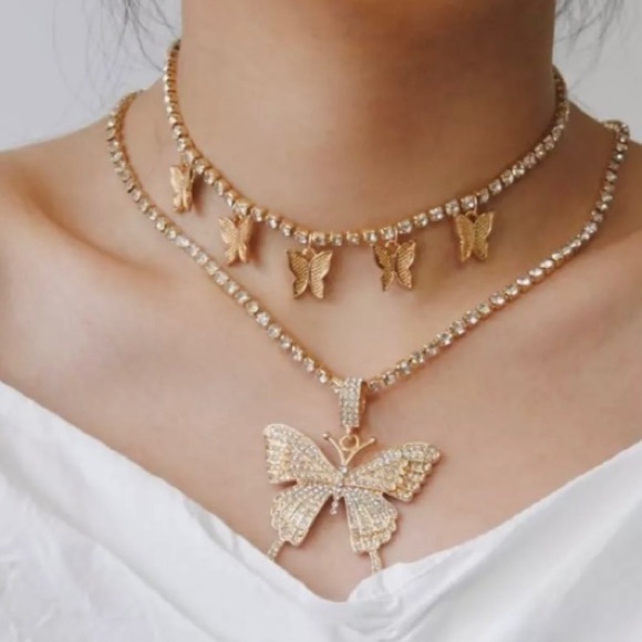 HP🦋STUNNING RHINESTONE BUTTERFLY GOLD CHOKER 2 PIECE SET - Picture 5 of 13